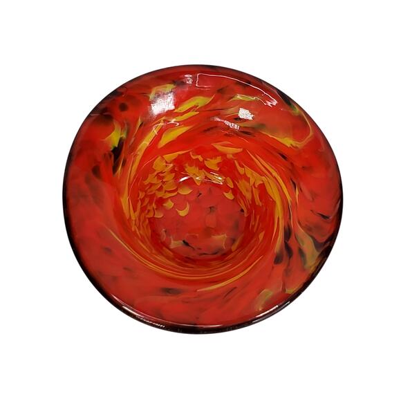 Beautiful Art Glass Spatter Pattern 4.5" Bowl Red Yellow Red Green Swirls - Picture 3 of 8